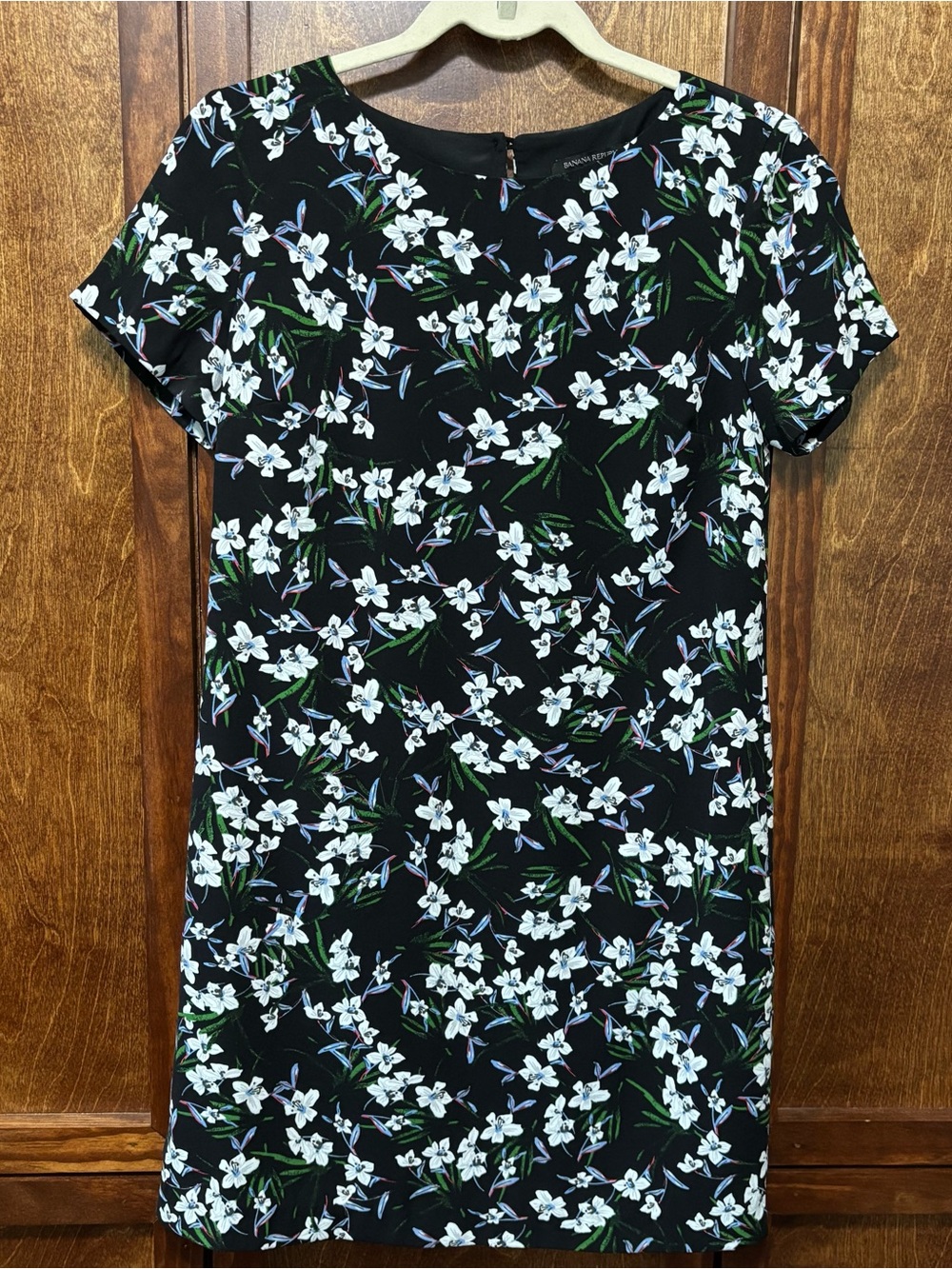 Banana Republic Black Floral Dress with White, Blue and Green Accents